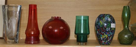 A Stromberg engraved glass vase and five other glass vases